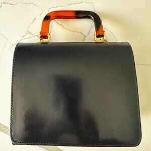 Vintage Navy Blue Top Handle Handbag Tortoiseshell Handle Retro Structured Purse